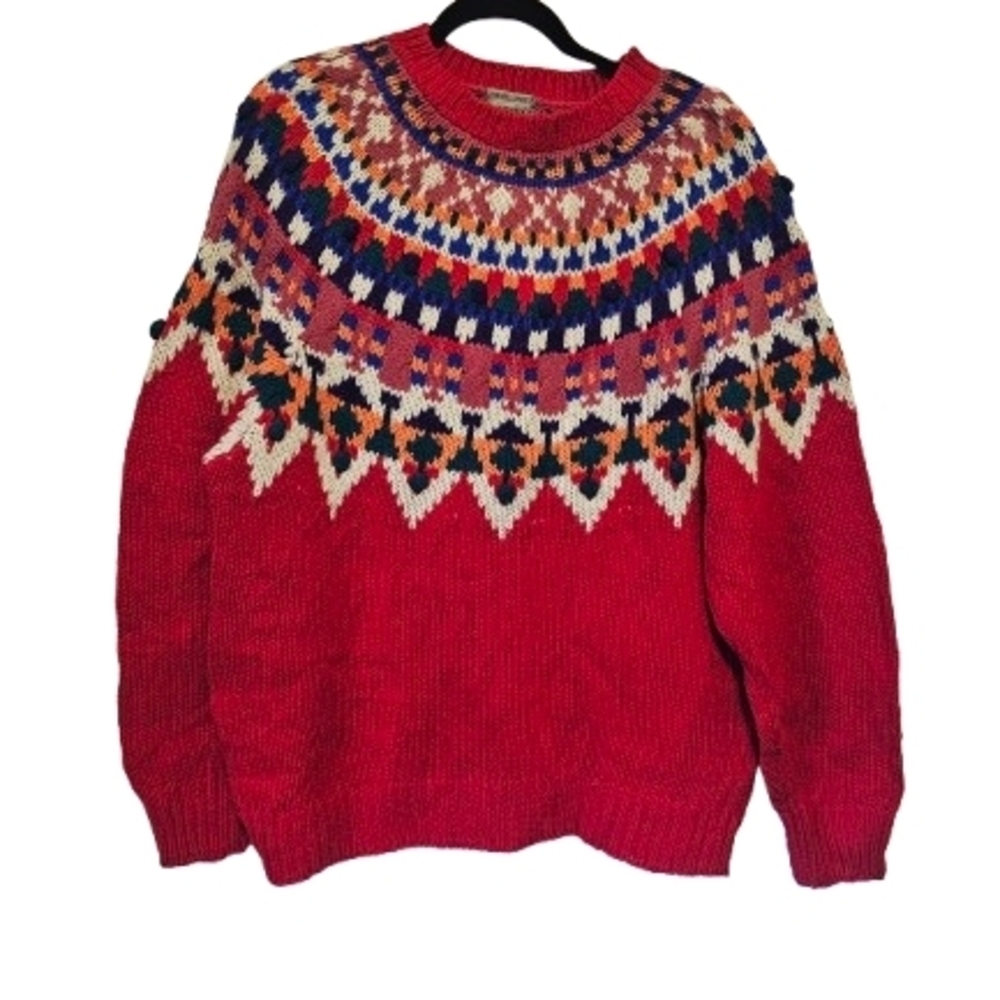 Vintage Ivy Hand Knit Thick Red Patterned Sweater Women's Size Large